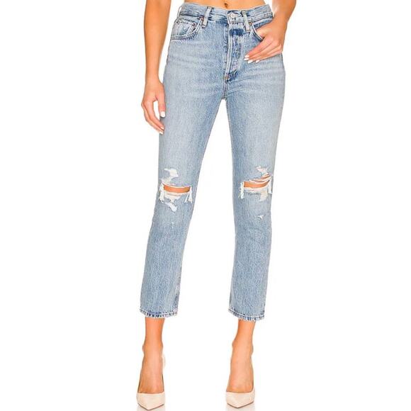 Agolde Riley distressed knees button fly high waisted blue jeans, size 25 - Picture 1 of 15